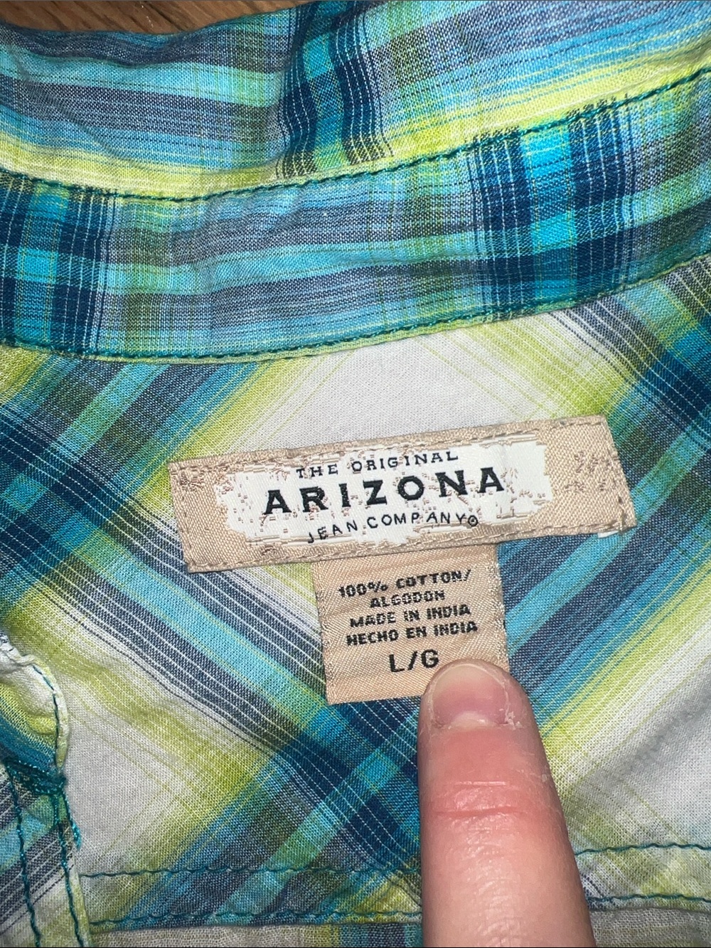 Arizona Jean Company Teal & Lime Plaid Button-Up Shirt Size Large - Picture 2 of 6